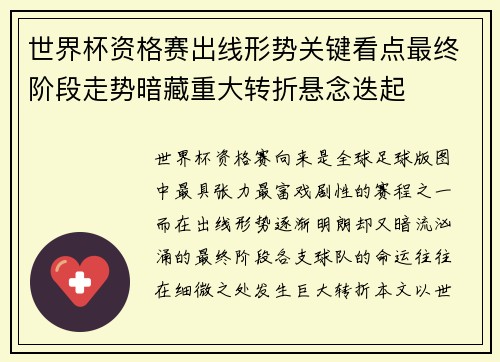 世界杯资格赛出线形势关键看点最终阶段走势暗藏重大转折悬念迭起